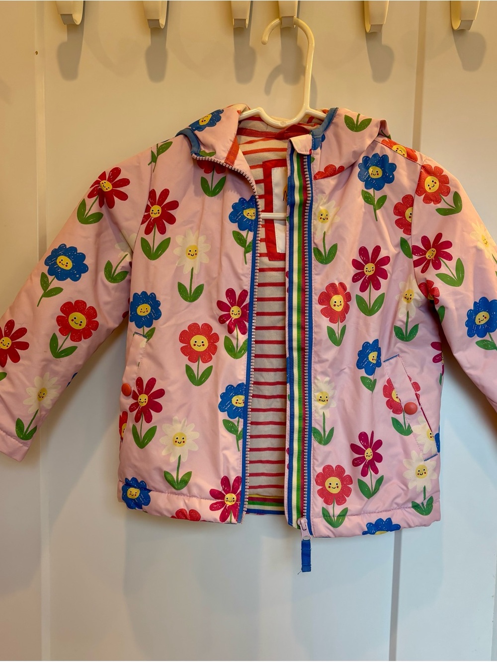 Mini Boden Pink Floral Puffer Jacket with Rainbow Trim